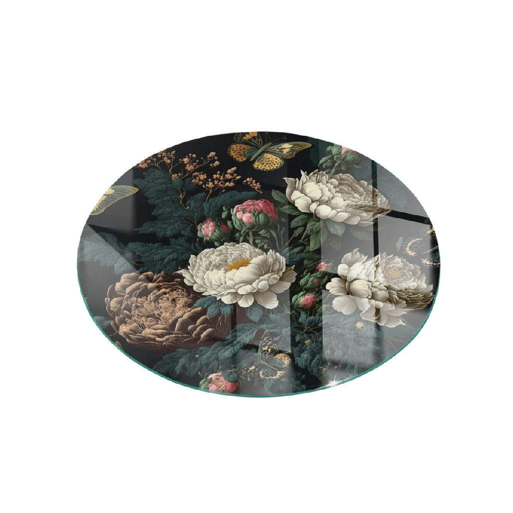 Table ronde en verre avec motif floral - décoration intérieure - verre - 60 x 60 x 5